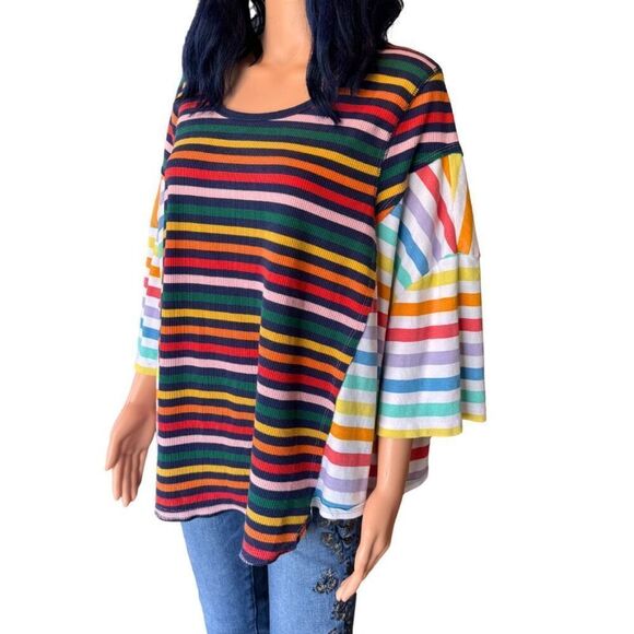 Upcycled Oversized Rainbow Striped Boho Tunic Top One Size Small - XL - Picture 4 of 6